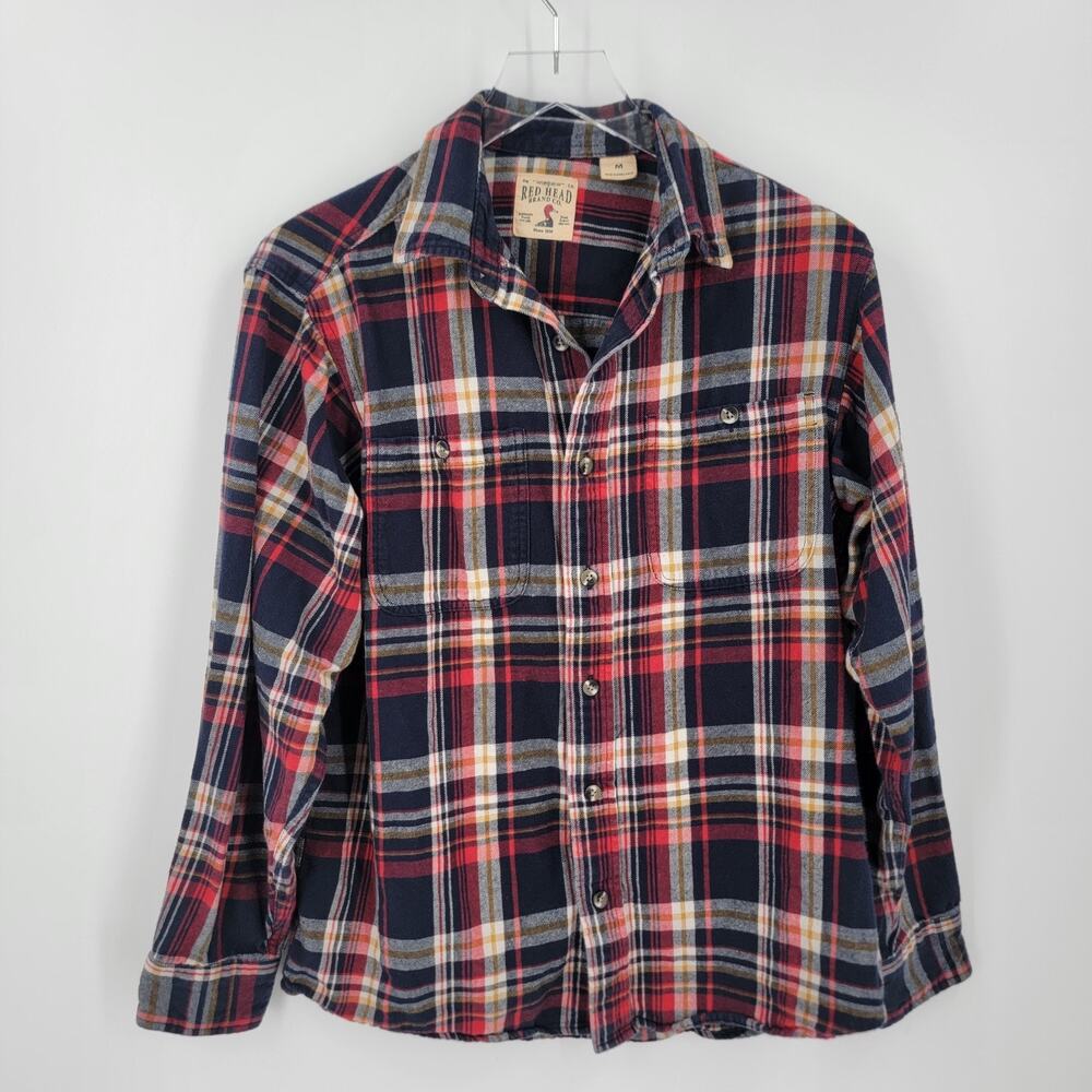 RedHead Flannel Shirt Mens Medium Blue Red Yellow Plaid Button Up Long Sleeve